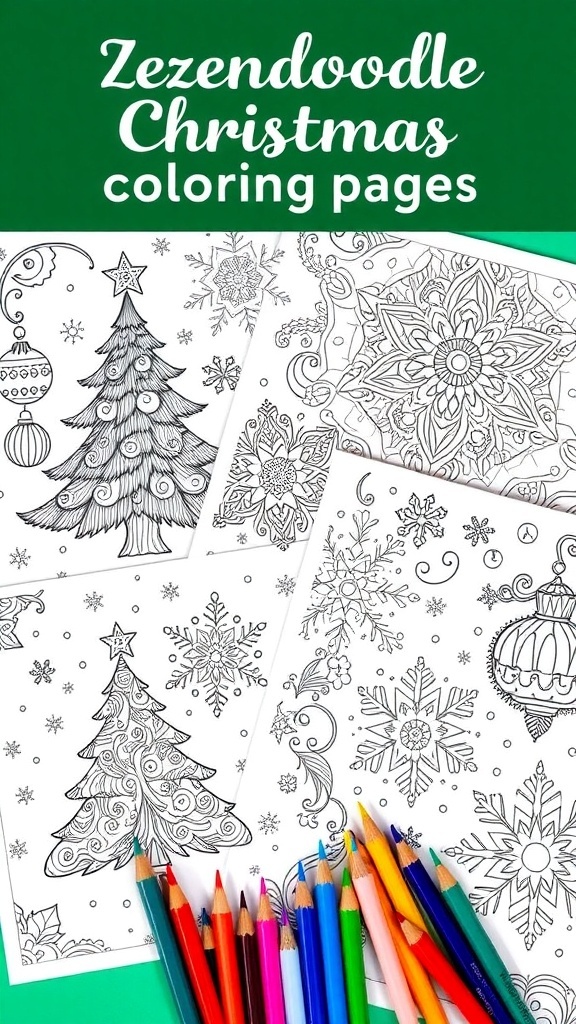 Zendoodle Christmas coloring pages with intricate designs of trees, snowflakes, and ornaments.